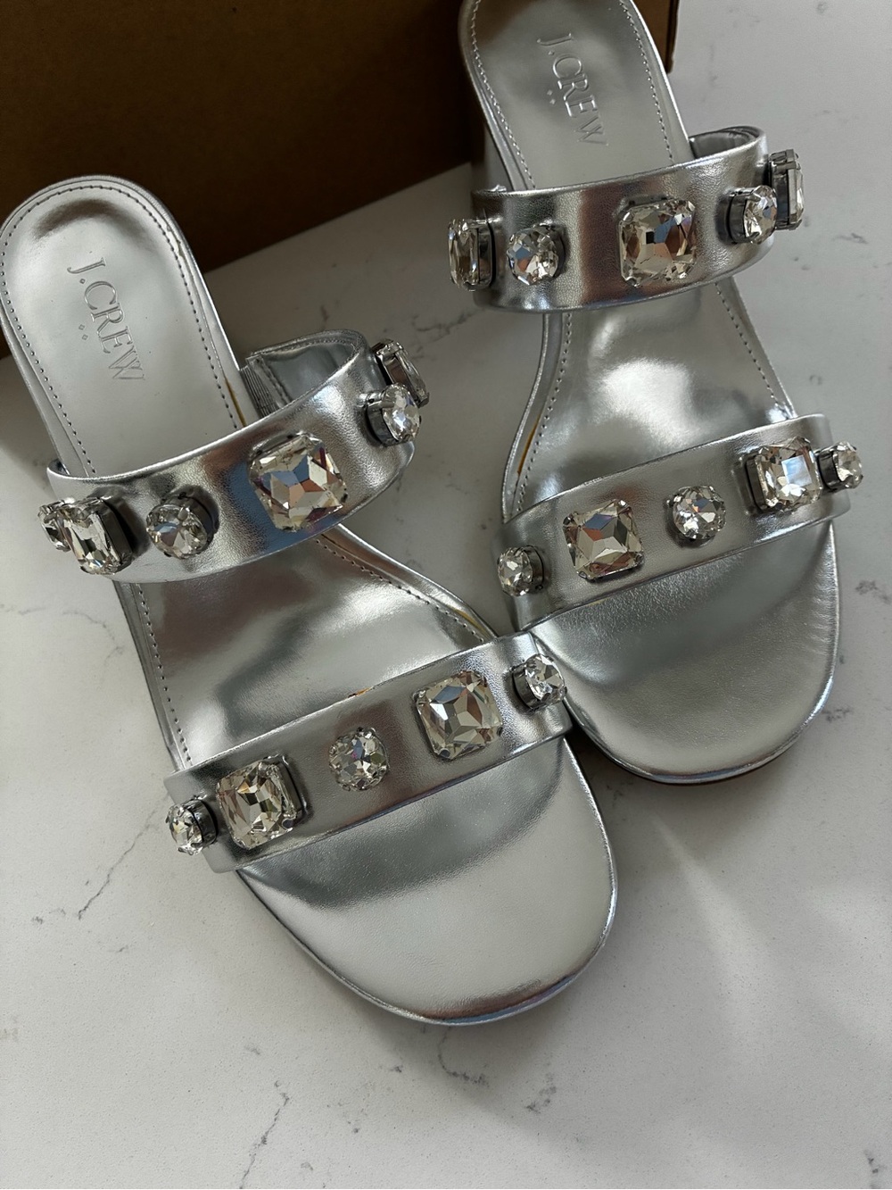NIB J Crew jeweled silver mule slip on heels size 8